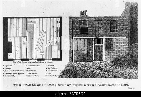 Gravur des Treffens der Cato-Street-Verschwörung, ein Versuch, alle britischen Kabinettsminister und Premierminister Lord Liverpool im Jahr 1820 zu ermorden. Der Name stammt von dem Treffpunkt in der Nähe der Edgware Road in London. Fünf Verschwörer wurden gehängt. Aus Den Chroniken von Newgate, 1884. Stockfoto