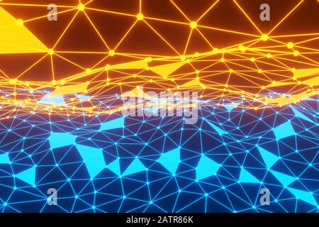 Geometrische Formen von Dreiecken in Form von Wellen blauer und gelber Neonfäden. Plexus Style 3D Rendering Abstraction. Stockfoto