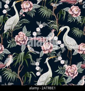 Nahtloses Muster im chinoiserie-Stil mit Störchen, Vögeln und Ponys. Vektor, Stock Vektor