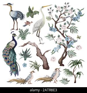 Reiher, Pfau, Ponys und Vogel im Chinoiserie Stil isoliert. Vektor. Stock Vektor