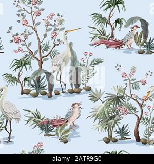 Nahtloses Muster im chinoiserie-Stil mit Störchen, Vögeln und Ponys. Vektor, Stock Vektor