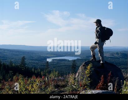 Wanderer blicken auf Wald und Berg Stockfoto