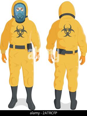 Mann in gelbem Strahlenschutzanzug und Helm, Chemikalie oder Biohazard professionelle Sicherheitsuniform Stock Vektor