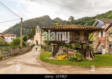 Espinaredo, Spanien. Ein asturischer Horreo, ein typischer Getreidespeicher aus dem Nordwesten der Iberischen Halbinsel Stockfoto