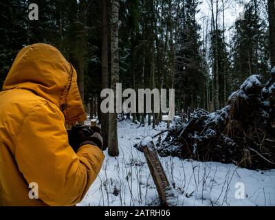 Mann in einer hellgelben Jacke. Naturwald. Stockfoto