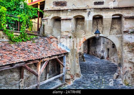 Uhrturm Tor; Sighisoara, Mures County, Siebenbürgen Region, Rumänien Stockfoto