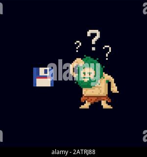 Pixel Art primitiver uralter Höhlenmensch verwirrt mit dem Blick auf die Diskette. Vektorgrafikzeichen. 8-Bit-Sprite für Spieleressourcen Stock Vektor