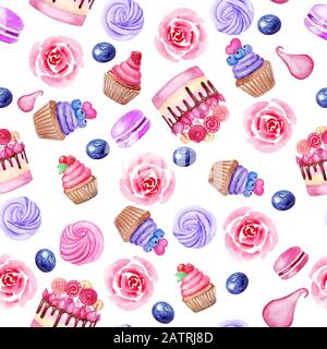 Kuchen, Cupcake, Makronen, Blaubeere nahtloses Muster mit Rosen. Aquarelldarstellung auf weißem Hintergrund. Hand gezogen. Stockfoto