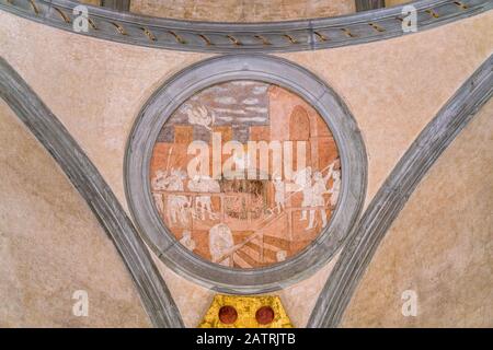 Evangelisten-Geschichten des Heiligen Johannes aus Donatello in der Sagrestia Vecchia im Sankt-Lorenz-Dom in Florenz. Toskana, Italien. Stockfoto