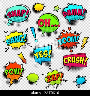 Komisch gefärbte Sprechblasen mit Halbtonschatten und Textphrase. Ausdruck von Emotionen. Handgezeichnete Retro-Cartoon-Aufkleber. Pop-Art-Stil Stock Vektor