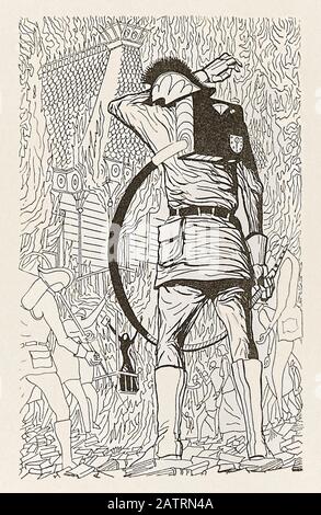 Fahrenheit 451 von Ray Bradbury (1920-2012), Illustration von Joe Mugnaini (1912-1992) von Guy Montag, einem Feuerwehrmann in einer Gesellschaft, in der Bücher von Feuerwehrleuten geächtet und vernichtet werden. Foto aus einer Erstausgabe von 1953. Stockfoto