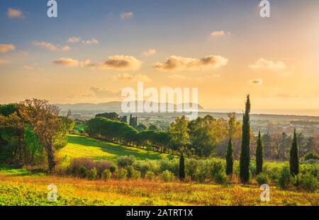 Maremma Sonnenuntergang Panorama. Landschaft, Meer und Insel Elba am Horizont bei Sonnenuntergang. San Vinczo, Toskana, Italien. Stockfoto