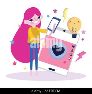 Junge Frau Touchscreen mobiler Chat Liebe soziale Medien Vektorgrafiken Stock Vektor