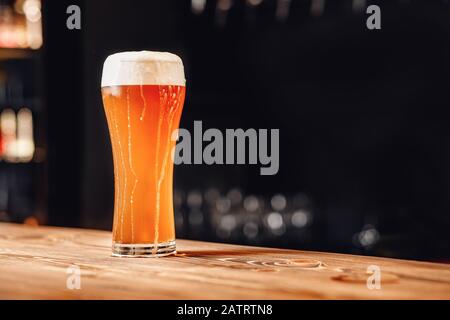 Langes Glas frisches helles Bier mit Schaum an der Holzbar, dunkler Hintergrund Stockfoto