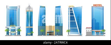 Satz moderner Hotelgebäude, Wolkenkratzer-Türme mit Palmen, Architekturkonstruktionen, urbane Landschaft, Vektorgrafiken isoliert auf Weiß Stock Vektor