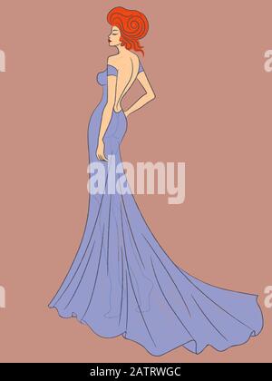Abstrakte charmante Frau im transparenten Abendkleid blau mit geschlossenen Augen isoliert auf hellrosa Hintergrund Stock Vektor
