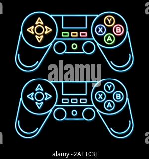 Glimmer-Neon-Schild, helles Signboard, helles Banner auf schwarzem Hintergrund isoliert. Gamepad-Logo, Emblem. 3D leuchtende Farbe des Joystick-Liniensymbols. Gami Stock Vektor