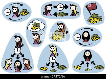 Set 9 Icons Simple female money coins bills time flag think arrows Blue background by jziprian Stock Vektor
