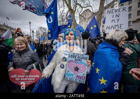 Britischer Brexit Tag 31. Januar 2020. Die Feierlichkeiten in London als Großbritannien verlassen die Europäische Union nach einer 47-jährigen Beziehung endgültig. Stockfoto