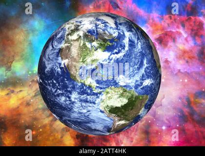 Erdplanet des Sonnensystems in der Nähe Des Lagunen-Nebels in hellen Farben. Science-Fiction-Hintergrundbild. Elemente dieses Bildes wurden von der NASA eingerichtet. Stockfoto