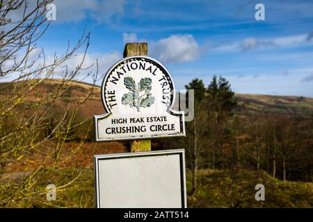 National Trust Schild für High Peak Anwesen, Crushing Circle, The Peak District, Derbyshire, Großbritannien Stockfoto