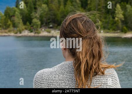 Nahaufnahme hinter Kopf und Schultern einer jungen Frau auf einem Fährschiff. Die Frau blickt auf Landschaft in der Nähe des Decksgeländer. Stockfoto