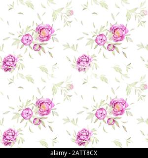 Nahtloses Blumenmuster. Aquarell Pink Flowers. Luxus-Ponys. Vintage-Dekor. Luxuriöse pinke Blumen, Blätter. Weißer Hintergrund. Stockfoto