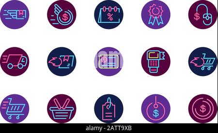 Neon Icon Set Design of Shopping Commerce Market Shop Retail Buy Zahling Banking and Consumerism Theme Vector Illustration Stock Vektor