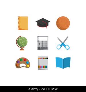 Schule Icon Set Design, Eduaction Klasse Lektion wissen Vorschüler studieren lernen Unterricht und primäre Thema Vector Illustration Stock Vektor