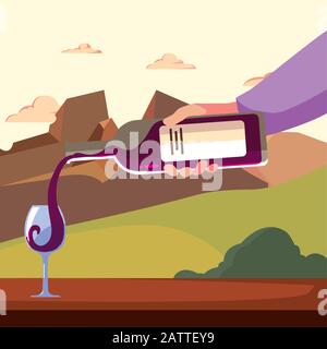 Weinflasche und Tasse vor dem Landschaftsdesign, Weinkellerei Alkoholgetränk Getränke-Restaurant und Festthema Vektor-Illustration Stock Vektor