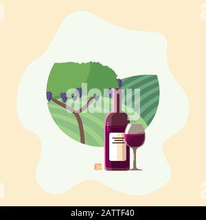 Weinflasche und Tasse vor Trauben Baumdesign, Weinkellerei Alkoholgetränk Getränke-Restaurant und Festthema Vektor-Illustration Stock Vektor