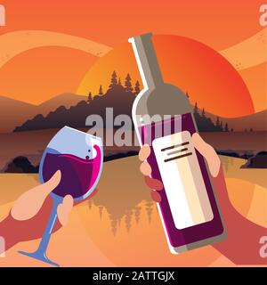 Hände holdin Weinflasche und Tasse vor dem Landschaftsdesign, Weinkellerei Alkoholgetränk Getränke-Restaurant und Festthema Vektor-Illustration Stock Vektor