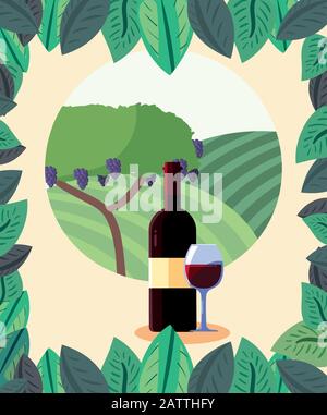 Weinflasche und Tasse vor Trauben Baumdesign, Weinkellerei Alkoholgetränk Getränke-Restaurant und Festthema Vektor-Illustration Stock Vektor