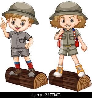 Junge und Mädchen in Safari-Kostüm auf Holz-Log-Illustration Stock Vektor