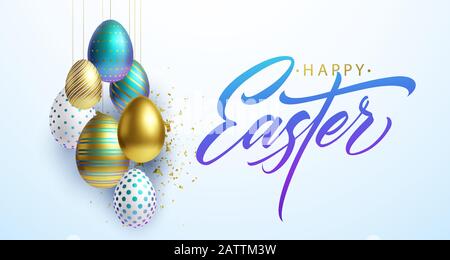 Fröhlicher Oster-Schriftzug-Hintergrund mit 3D-realistischen Gold, weiß und blau glänzend dekorierten Eiern, Konfetti. Vektorgrafiken Stock Vektor