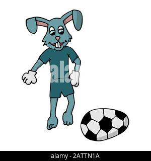 Osterhase in einem Trainingsanzug startet ein Osterei in Form eines Fußballballs, weißer Hintergrund isolierte Cartoon-Stock-Vektorgrafiken Stock Vektor