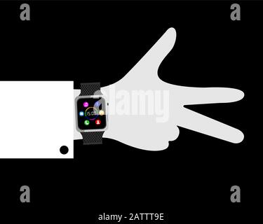 Ein Plakat mit dem Bild einer intelligenten Uhr auf der Hand. Hand mit gespreizten Fingern. Vektorgrafiken. Stock Vektor
