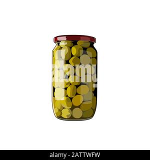 Grüner Oliven Glas. Mariniertes Olivenöl aus Dosen. Vektorgrafik-Abbildung. Stock Vektor