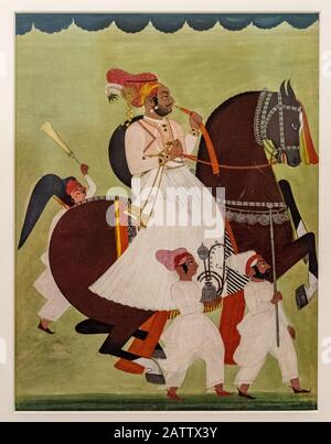 Thakur Jagat Singh Udawat von Nimbol - Ca. 1800. Das Gemälde zeigt ein königliches Pferd auf einer entspannenden Pferdefahrt mit einem Diener, der Hookah trägt. Stockfoto