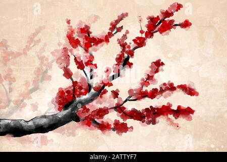 Frühlings- und Sommer-Blumen-Kollektion - japanischer Kirschbaum mit wunderschönen roten Blumen im digitalen Aquarellstil Stockfoto