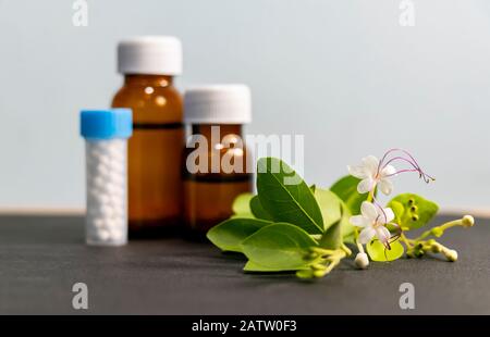 Flasche mit homöopathischen Mitteln, bestehend aus den Pillen (aus einer inerten Substanz - Zuckerlactose) und flüssiger, homöopathischer Substanz mit weißer Floße Stockfoto