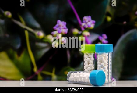 Nahaufnahme der homöopathischen Medizin, bestehend aus der Pillenflasche mit verschwommenen violetten Blumen und grünen Blättern. Stockfoto