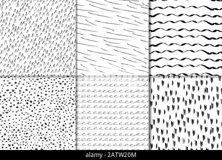 Ein Satz abstrakter, nahtloser Muster mit handgezeichneten Elementen Stock Vektor