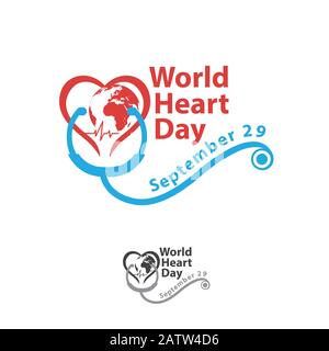 World Heart Day mit rotem, blauem, dunkelgrauem Herz und Weltunterzeichnung Vector Design.EPS 10 Stock Vektor