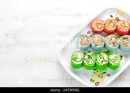 Pfannkuchen mit Käse, Leber und Knoblauch. Restaurantgerichte. Draufsicht. Freier Speicherplatz für Ihren Text. Stockfoto