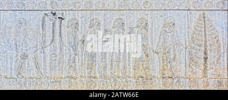 Bactrian-Tribut-Träger, Basrelief auf der östlichen Treppe des Apadana-Palastes, Persepolis, Iran Stockfoto