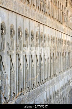 Mittlere Wachen, Basreliefz auf der östlichen Treppe des Apadana-Palastes, Persepolis, Iran Stockfoto