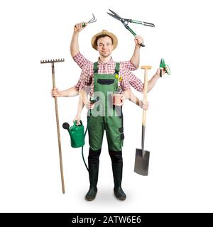 Gärtner mit mehreren Armen und Werkzeugen isoliert auf Weiß Stockfoto