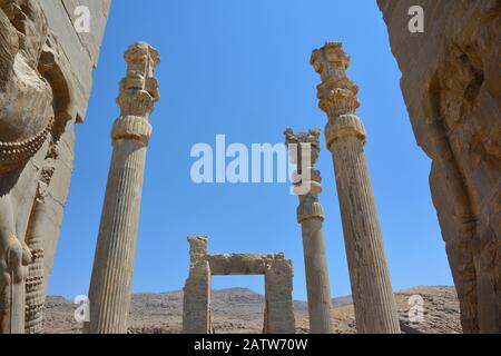 Teilweise Blick auf das Tor Aller Nationen, den Eingang zu Persepolis. Stockfoto