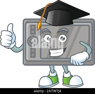 Eine fröhliche Figur von wacom in einem schwarzen Abschlusshut Stock Vektor